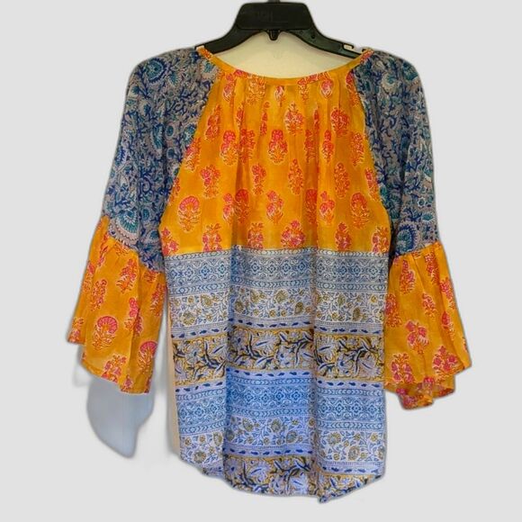 Dolma Women's Blouse S/M Indian Hand Block Print Top 100% Cotton Bell Sleeves - Picture 2 of 12